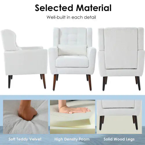 Contemporary Teddy Fabric Lounge Chair โ White Upholstered Armchair for Bedroom or Living Room