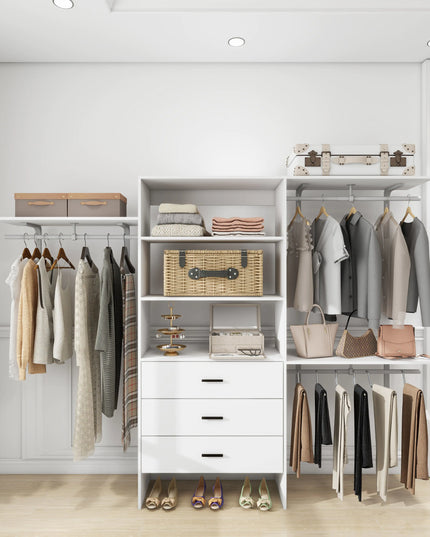 White Wooden Closet Organizer System – Wall-Mounted Shelves, Drawers & Hanging Rod for Clothes Storage