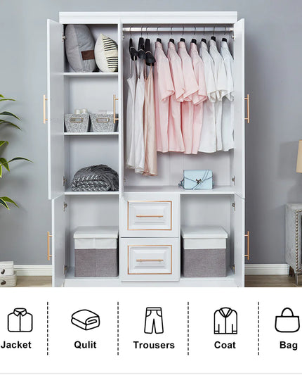 White Freestanding Armoire Wardrobe Closet – 74" H, 3 Doors, 2 Drawers, Hanging Rod & Shelves for Clothes Storage