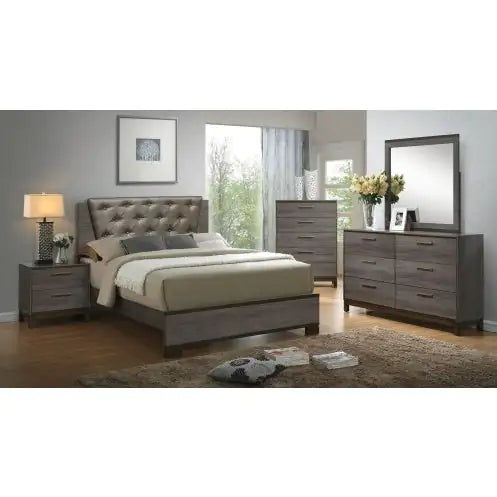 Antique Gray Contemporary Nightstand – Brass Pulls & Metal Glides, Two-Tone Design
