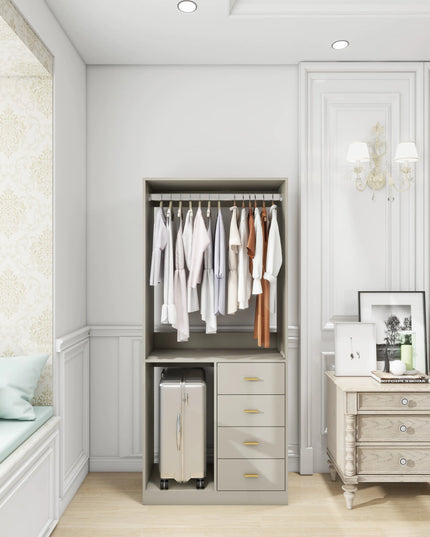 Grey Walk-In Closet Organizer System – 4 Drawers, Shelves, Hanging Rod with Metal Handles, 31.5"W × 15.7"D × 70.8"H