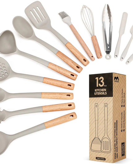 Silicone Kitchen Utensil Set, 13-Piece Heat-Resistant Cooking Tools with Wooden Handles for Nonstick Cookware