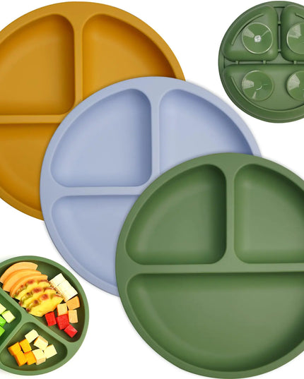 3-Pack Baby & Toddler Suction Plates – Divided Food-Grade Silicone, BPA-Free, Non-Slip Quadruple Suction for Baby-Led Weaning | Dishwasher Safe