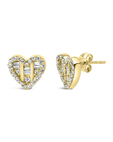 .925 Sterling Silver 1/2 Cttw Round and Baguette Diamond Composite Heart Shaped Stud Earring (I-J Color, SI2-I1 Clarity)