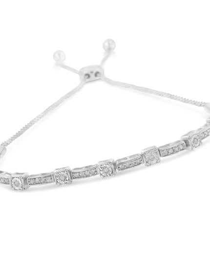 .925 Sterling Silver 1/4 Cttw Diamond 4”-10” Adjustable Bolo Alternating Square and Rectangle Bolo Bracelet (I-J Color, I3 Clarity)