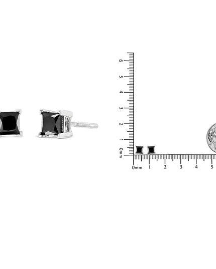 .925 Sterling Silver Princess-Cut Square Black Diamond Classic 4-Prong Stud Earrings with Screw Backs (Fancy Color-Enhanced, I2-I3 Clarity)