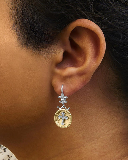 18K Yellow Gold Plated .925 Sterling Silver 1/8 Cttw Diamond Hammered Finished Medallion with Cross Drop and Dangle Earrings (I-J Color, SI1-SI2 Clarity)