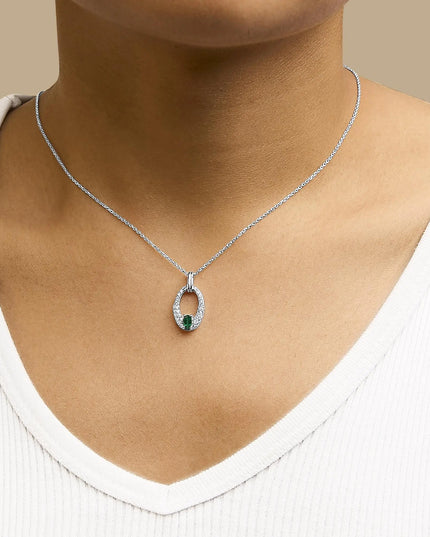 .925 Sterling Silver Created Green Emerald and White Sapphire Oval Shaped Pendant Necklace - 18" Inches