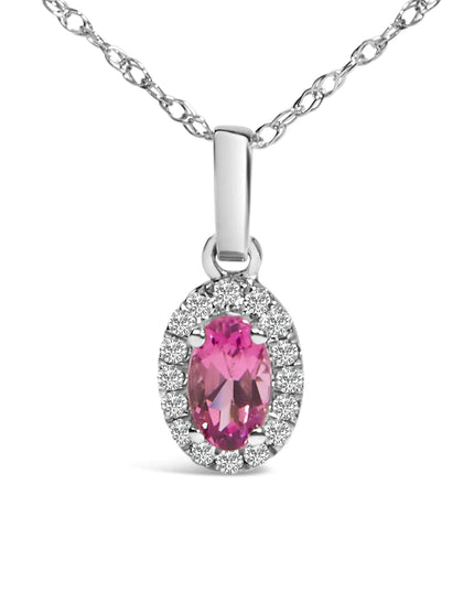 10K White Gold 5x3mm Gemstone and Diamond Accent Halo Oval Shape 18" Pendant Necklace (I-J Color, I1-I2 Clarity)