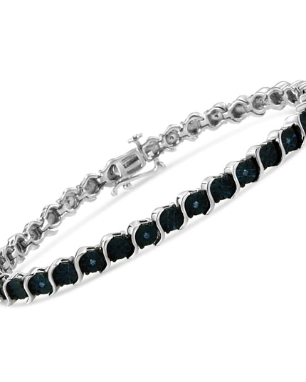 .925 Sterling Silver 1/10 Cttw Miracle-Set Treated Blue Color Diamond Miracle Plate "S" Link Tennis Bracelet (Blue Color, I2- I3 Clarity) - 7.25"