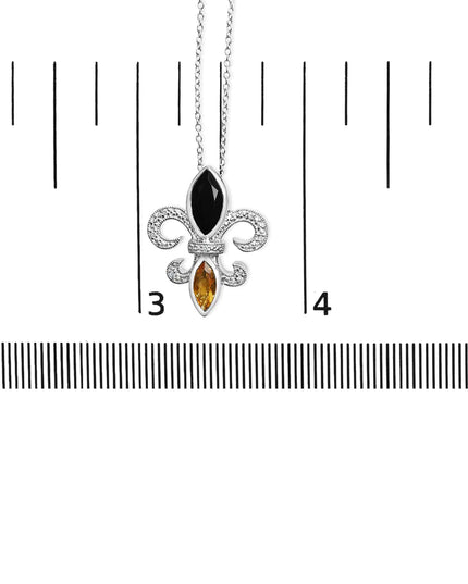 .925 Sterling Silver Marquise Onyx and Citrine and Diamond Accent Fleur De Lis Pendant Necklace (H-I Color, SI1-SI2 Clarity) - 18"