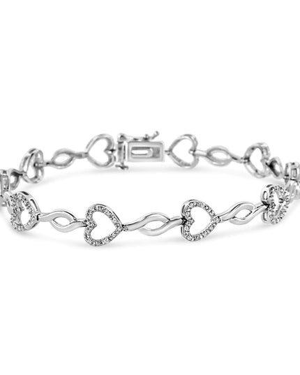 .925 Sterling Silver 1/4 Cttw Round-Cut Diamond Alternating Heart and Leaf Link Bracelet (I-J Color, I3 Clarity) - Size 7.25"