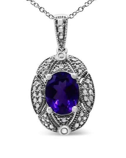 .925 Sterling Silver Diamond Accent and 9x7mm Purple Oval Amethyst Gemstone Pendant 18" Necklace (I-J Color, I1-I2 Clarity)