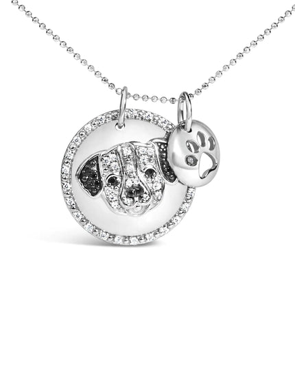 .925 Sterling Silver 1/4 Cttw White and Black Diamond Pitbull Dog Medallion and Charm 18" Pendant Necklace (I-J Color, I2-I3 Clarity)