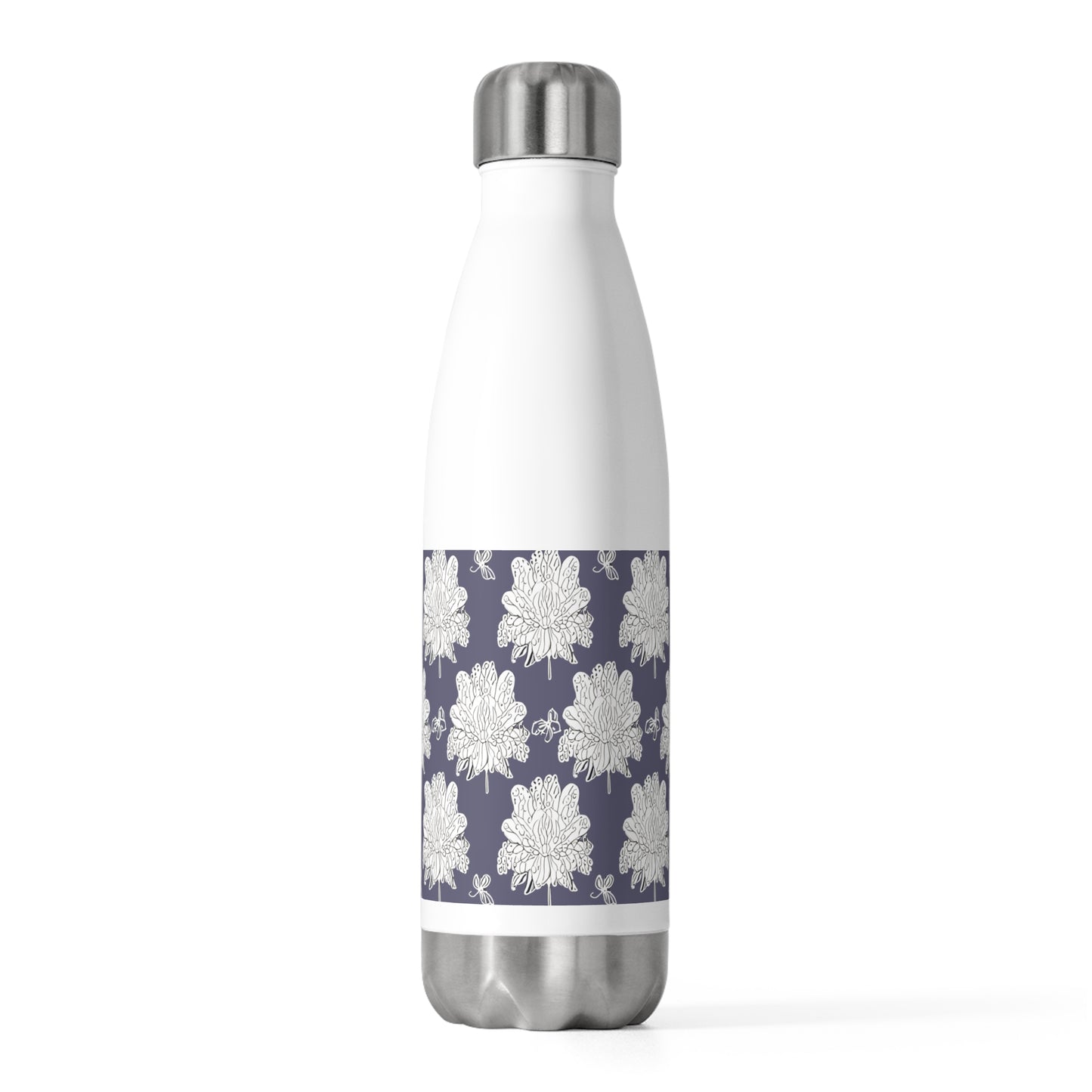 White Floral Butterflies 20oz Insulated Water Bottle