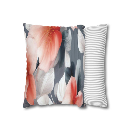 Red Blossom Floral Bunch Spun Polyester Square Pillowcase, 14" x 14"