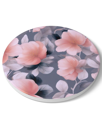 Peach and Blue Gray Floral Bunch Round Ceramic Coaster, 4" x 4"