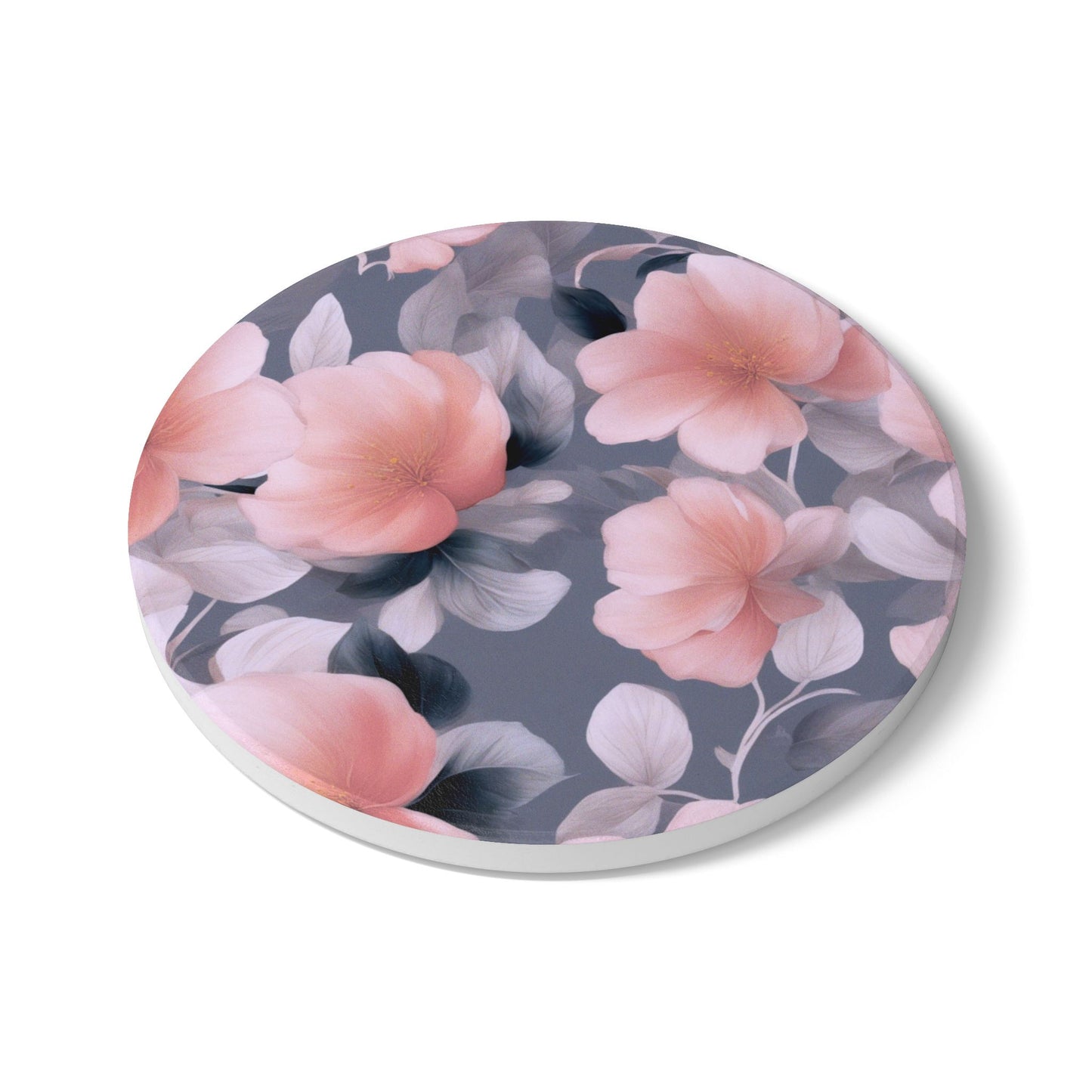 Peach and Blue Gray Floral Bunch Round Ceramic Coaster, 4" x 4"