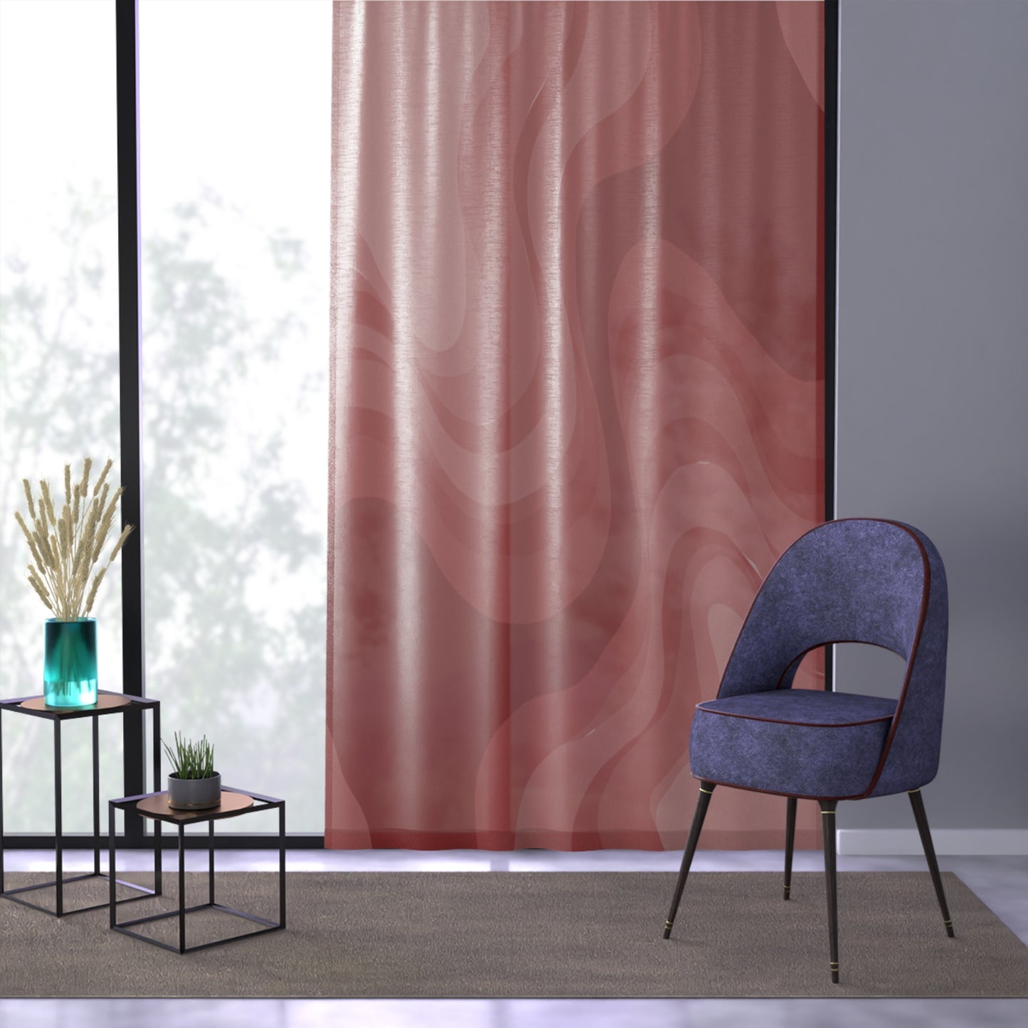 Power Red Wavey Sheer Window Curtain, 50" x 84", partially transparent