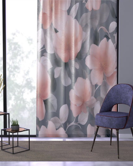 Peach and Blue Gray Floral Bunch Sheer Window Curtain, 50" x 84", partially transparent