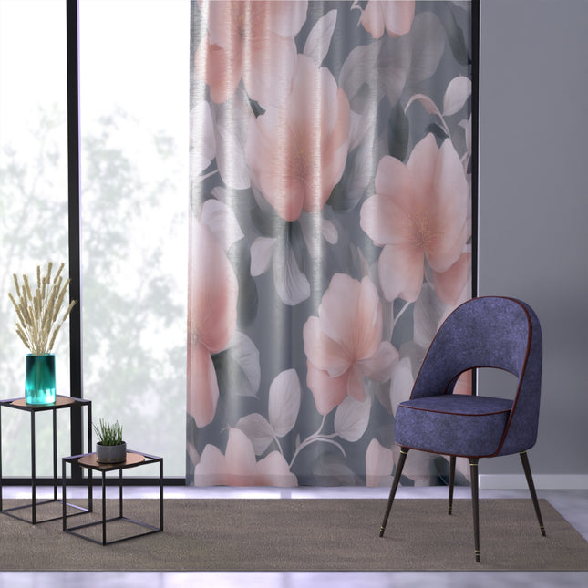 Peach and Blue Gray Floral Bunch Sheer Window Curtain, 50" x 84", partially transparent