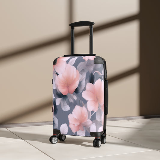 Peach and Blue Gray Floral Bunch Small Suitcase with built in lock, 4 double-wheels, telescopic handle, and ABS back hard-shell