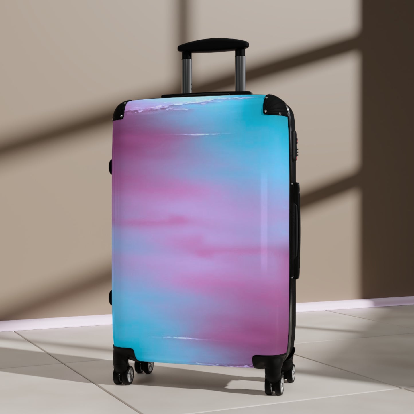 Wine Sea Blue Fog Medium Suitcase with built in lock, 4 double-wheels, telescopic handle, and ABS back hard-shell