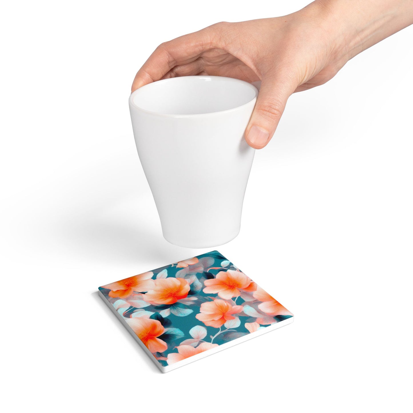 Orange Blossom Floral Bunch Square Ceramic Coaster, 4" x 4"