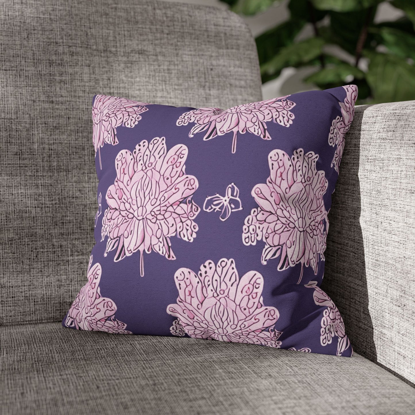 Magenta Floral Butterflies Spun Polyester Square Pillowcase, 14" x 14"