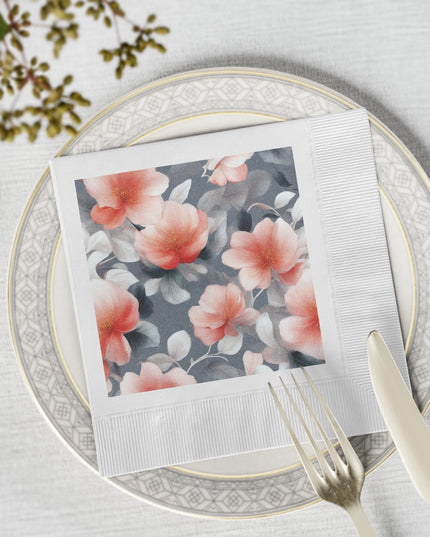 Red Blossom Floral Bunch White Coined Napkins, 6.5" x 6.5"