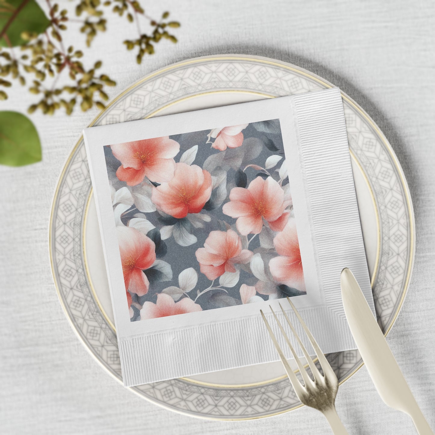 Red Blossom Floral Bunch White Coined Napkins, 6.5" x 6.5"