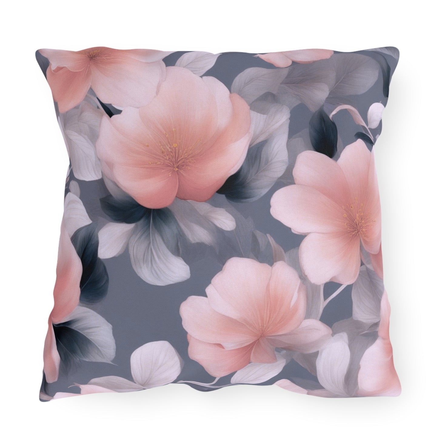 Peach and Blue Gray Floral Bunch 20" x 20" Outdoor Pillow