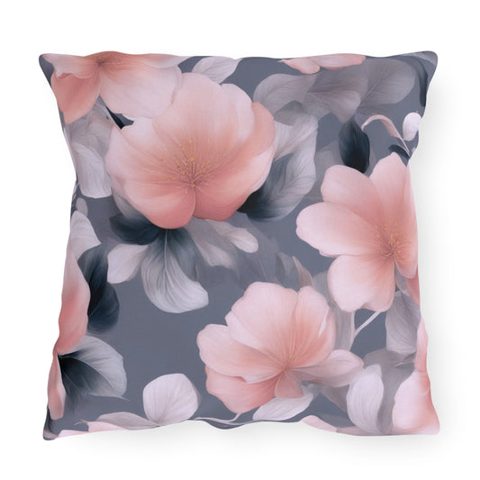 Peach and Blue Gray Floral Bunch 20" x 20" Outdoor Pillow