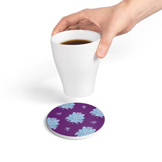Blue Floral Butterflies 4" x 4" Round Ceramic Coaster