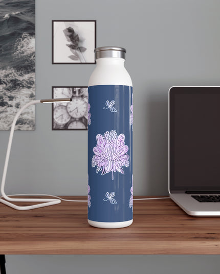 Purple White Floral Butterflies Slim Water Bottle, 20 oz White