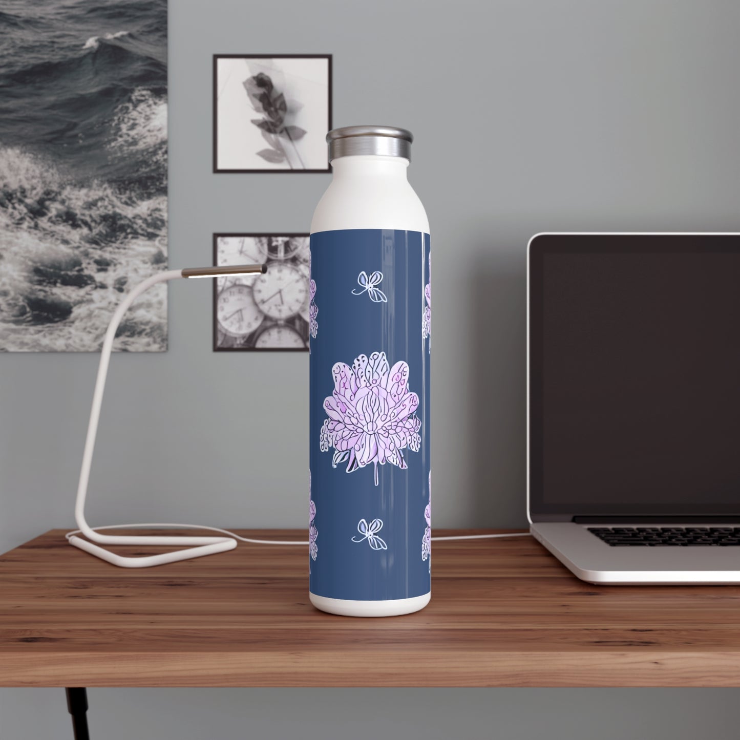 Purple White Floral Butterflies Slim Water Bottle, 20 oz White