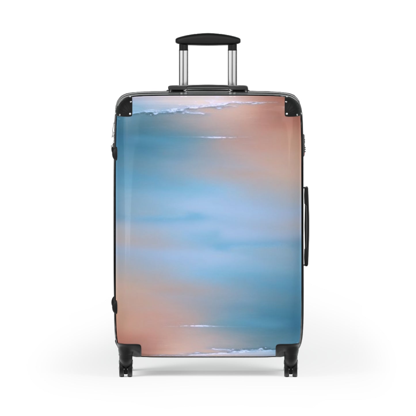 Blue Sea Peach Fog Large Suitcase with built in lock, 4 double-wheels, telescopic handle, and ABS back hard-shell