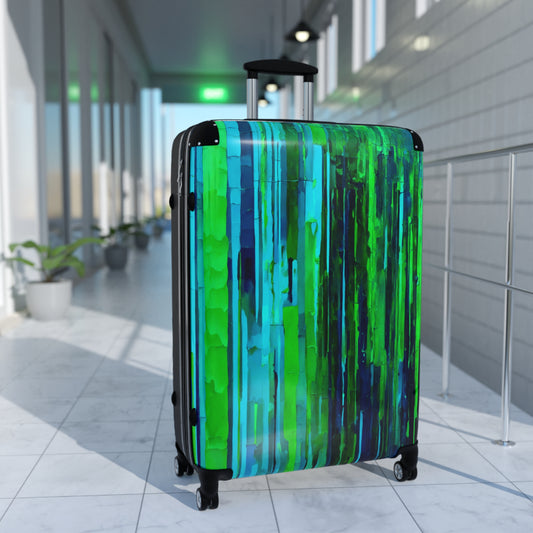 Striped Blue Green Large Suitcase with built in lock, 4 double-wheels, telescopic handle, and ABS back hard-shell