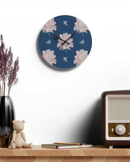 Rose White Floral Butterflies Acrylic Wall Clock, Round or Square, 10.75" x 10.75"