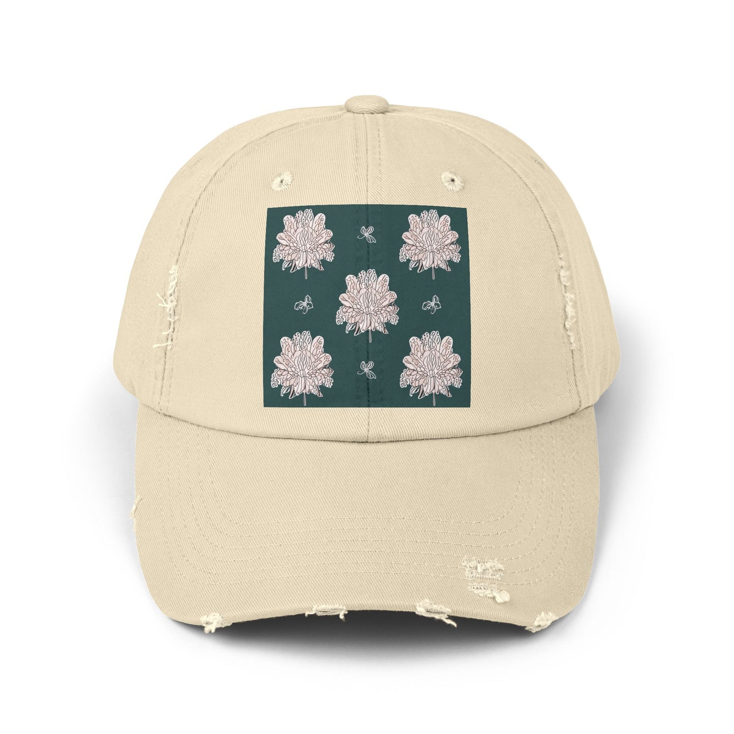 Soft White Floral Butterflies Unisex Distressed Cap