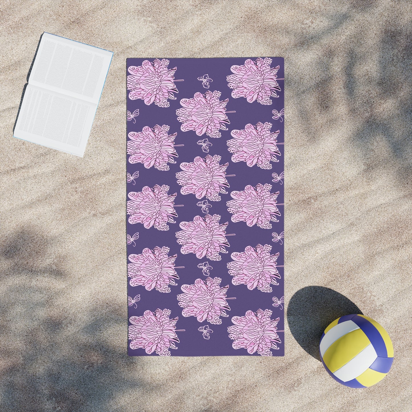 Magenta Floral Butterflies Beach Towel, 24" x 44"