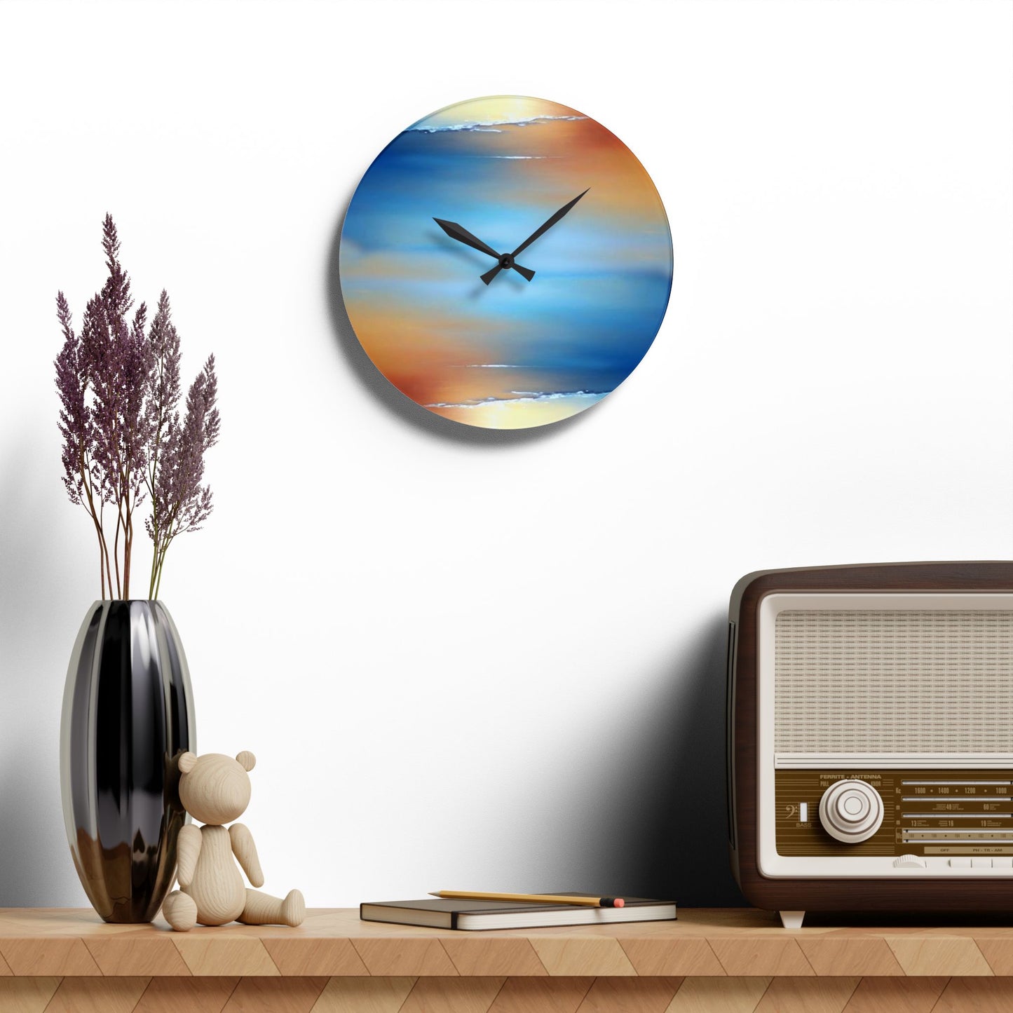 Blue Sea Red Orange Fog Acrylic Wall Clock, Round or Square, 10.75" x 10.75"