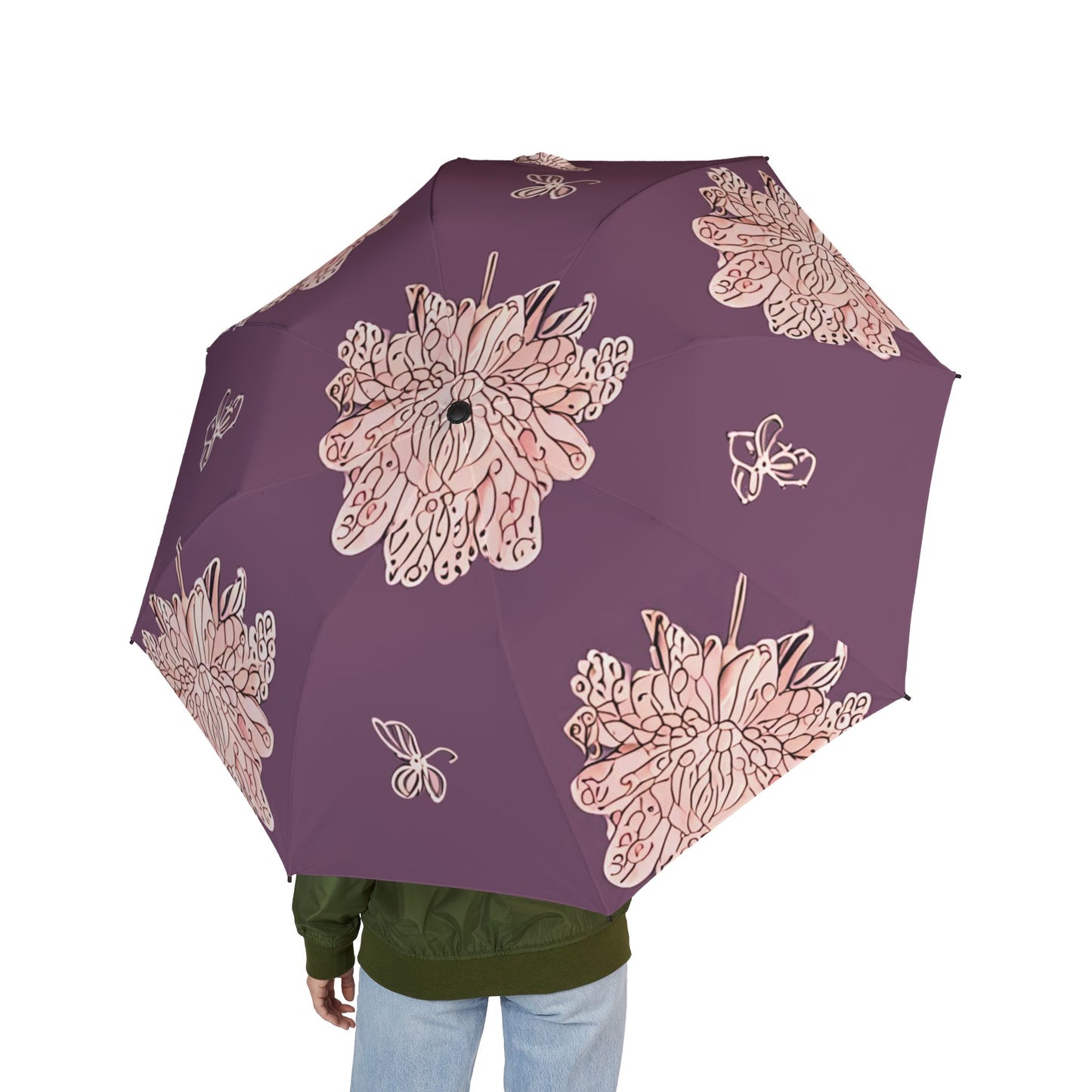 Pink Floral Butterflies Foldable Umbrella - Compact & Chic