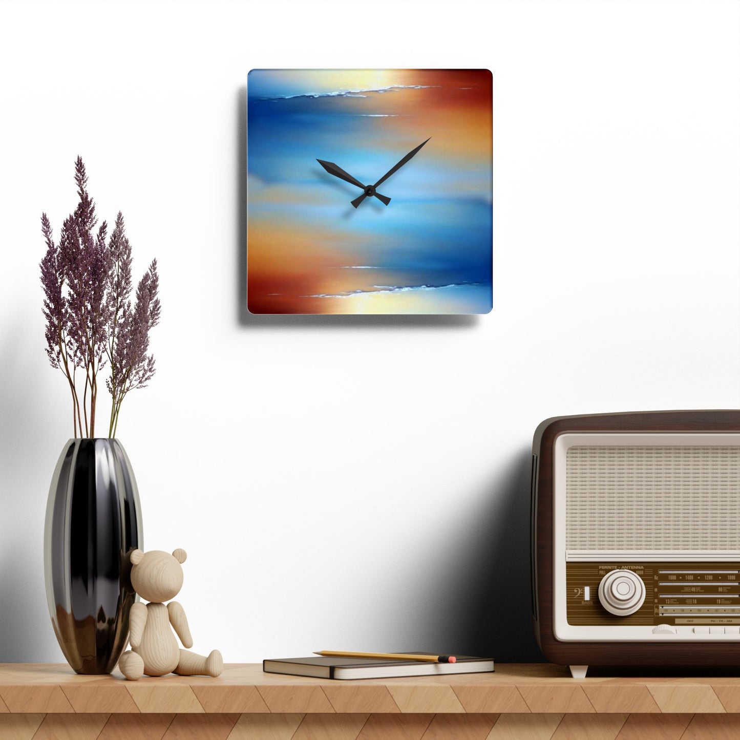 Blue Sea Red Orange Fog Acrylic Wall Clock, Round or Square, 10.75" x 10.75"