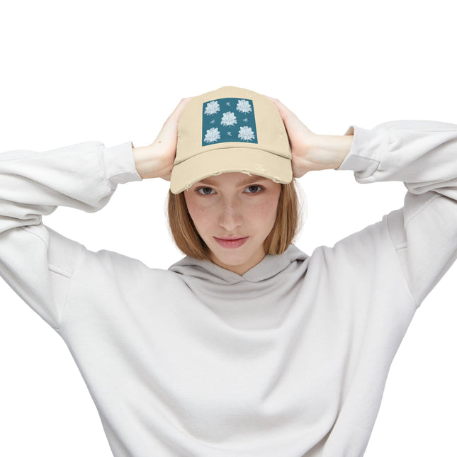 Tif Green White Floral Butterflies Unisex Distressed Cap