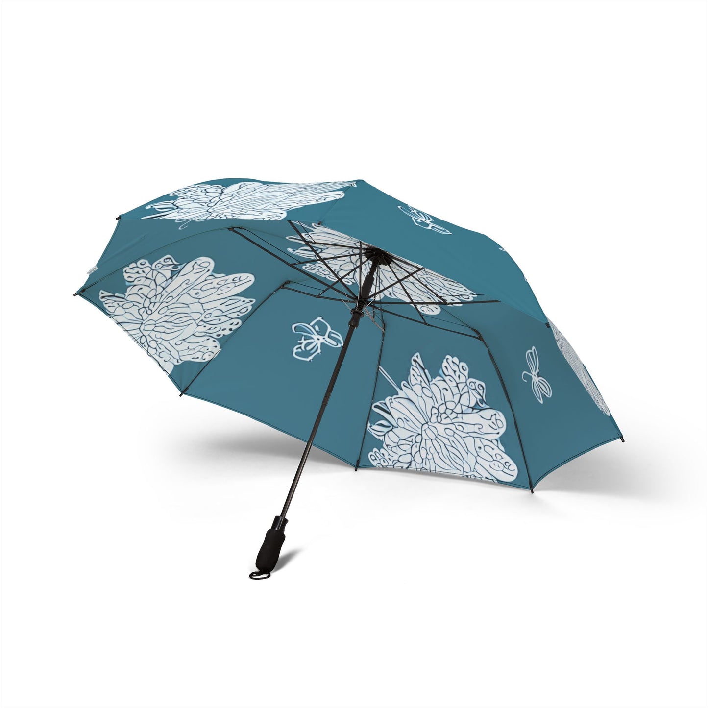Tif Green White Floral Butterflies Foldable Umbrella - Compact & Chic