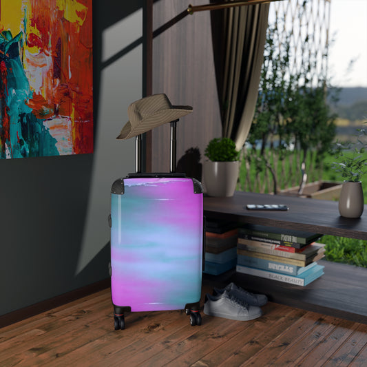 Dark Blue Green Sea Purple Fog Small Suitcase with built in lock, 4 double-wheels, telescopic handle, and ABS back hard-shell