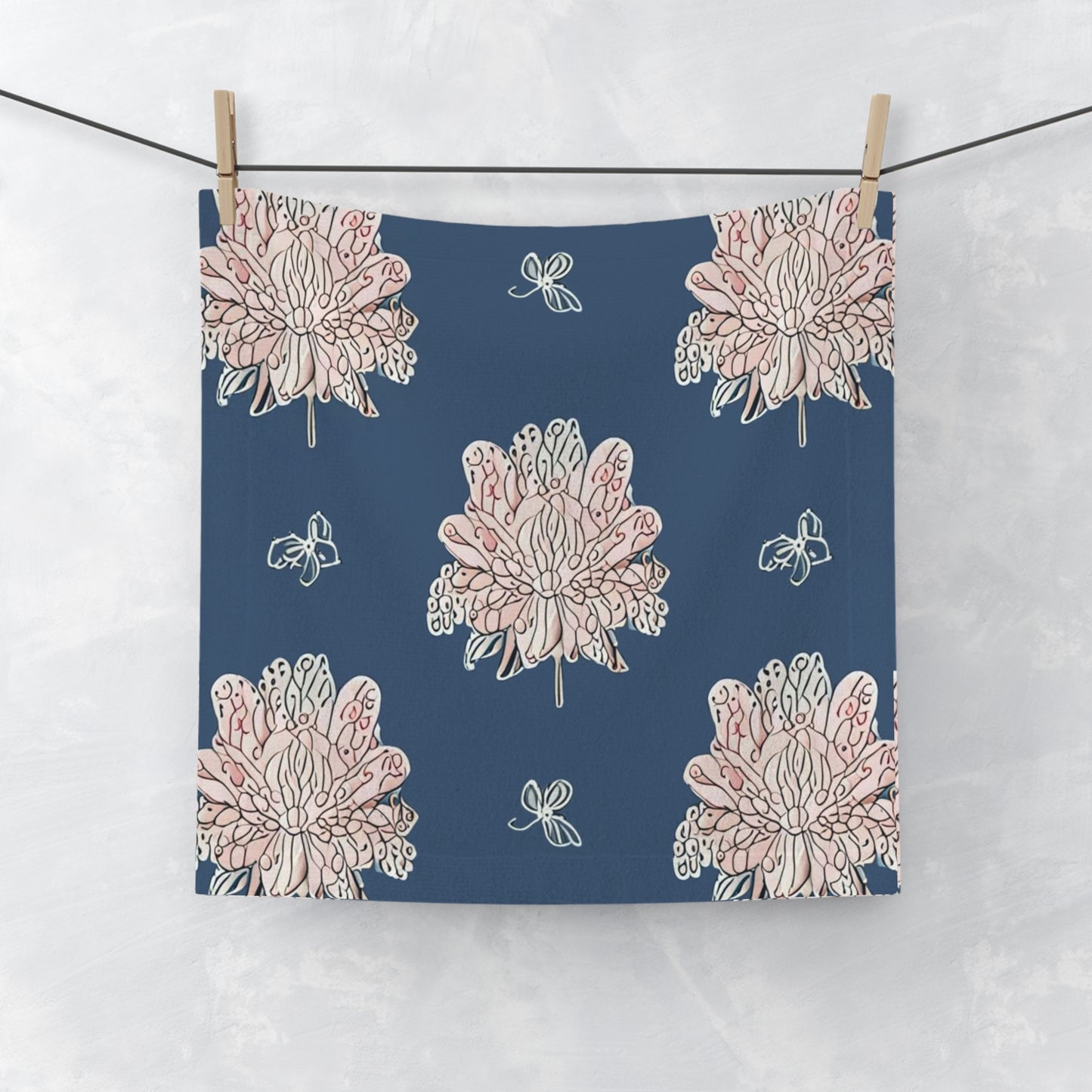 Rose White Floral Butterflies Face Towel, 13" x 13"