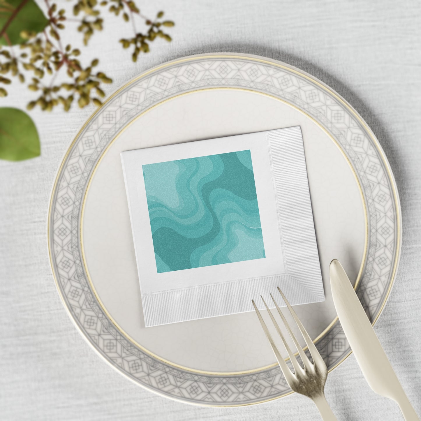 Tif Green Wavey White Coined Napkins, 4.8" x 4.8"