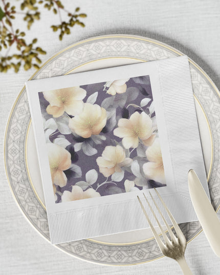 White Blush Floral Bunch White Coined Napkins, 6.5" x 6.5"